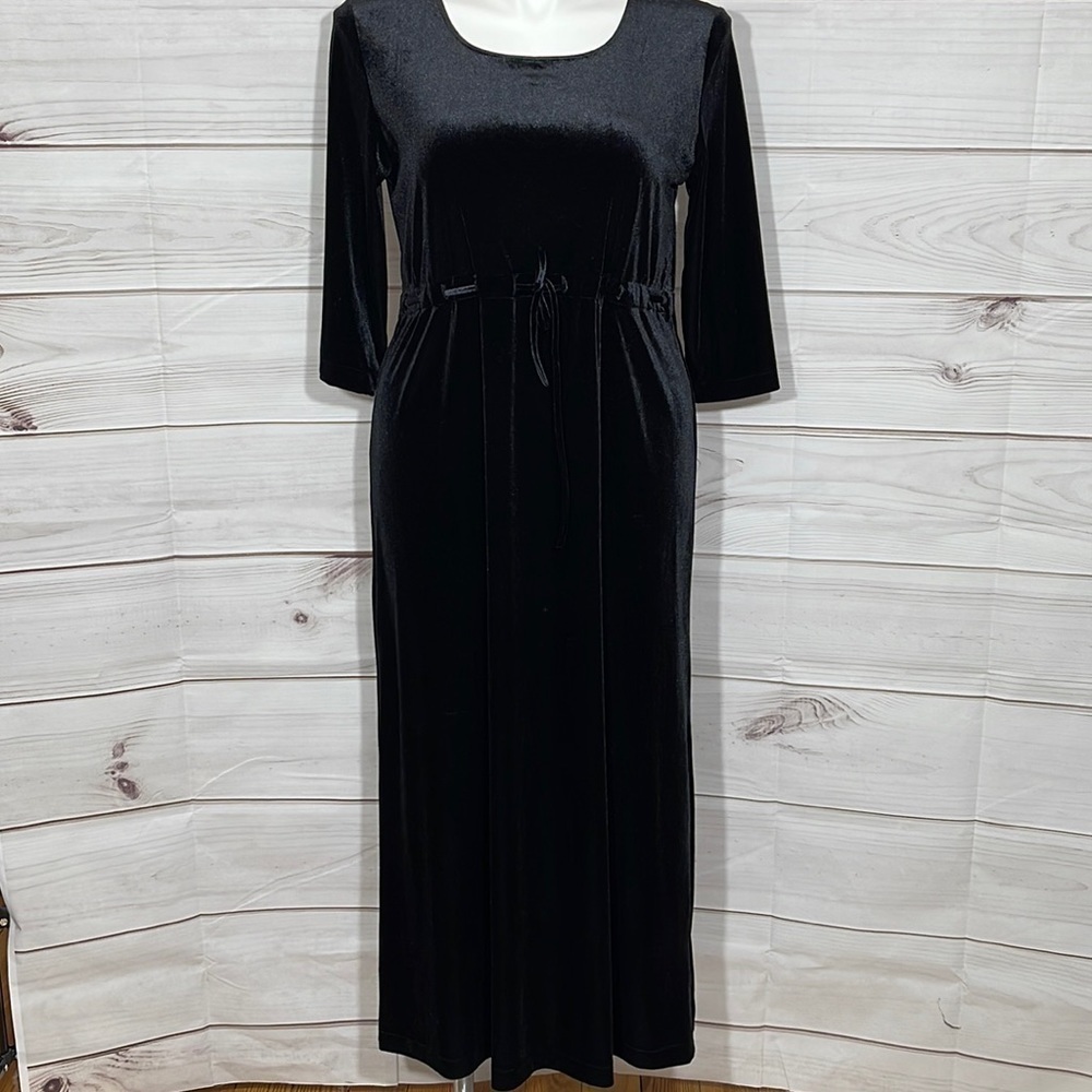 Long Black Velour 90's Dress 3/4 Sleeves Empire Style with Drawstring Size 14/16 - Picture 2 of 8